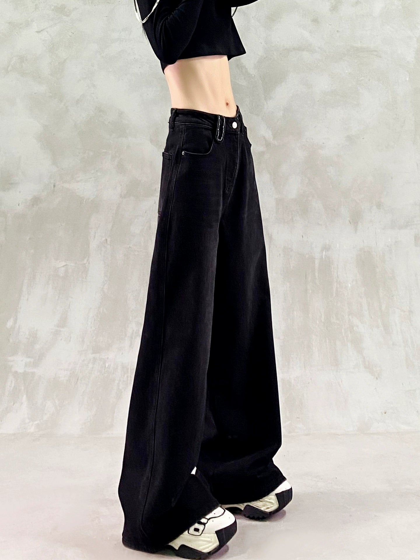 ウォッシュブラック裏起毛デニムワイドパンツ(HU006)