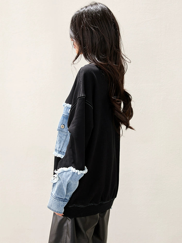 デニムスリーブスウェット|ルーズトレーナー(CZ012)