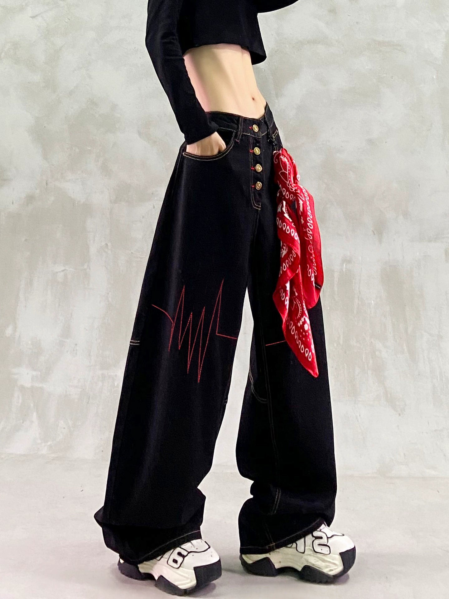 ステッチデザインレッドバンダナ付きワイドデニム(CZ328)