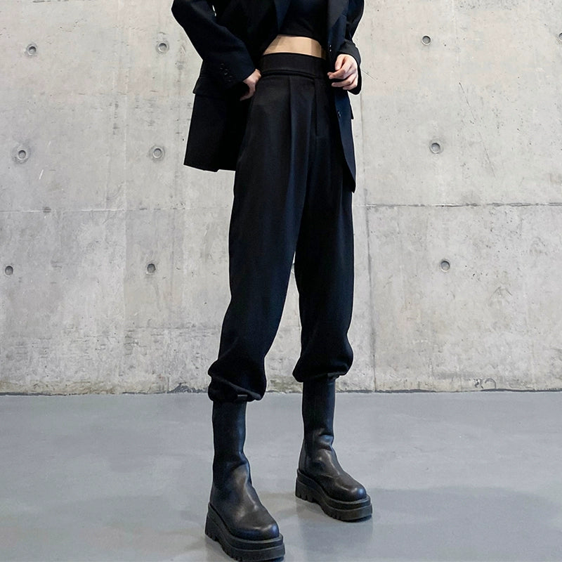 スーツパンツ風 黒 ワイドジョガー(HU297)