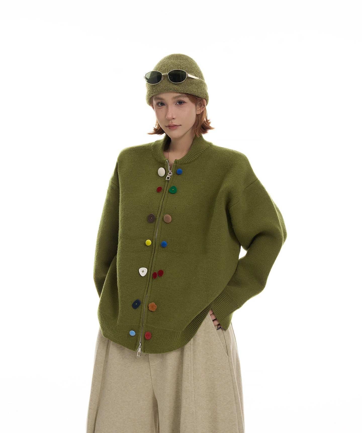 カラーボタン ラウンドネック ニットカーディガン(CZ384)