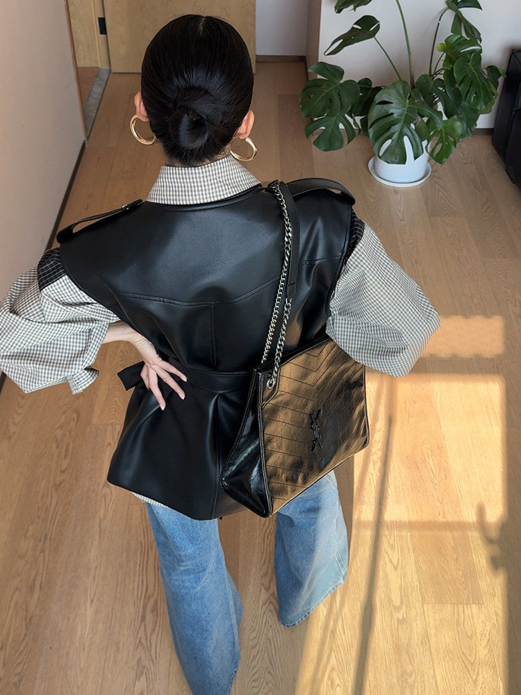 ウエストベルト付き フェイクレザー デザインベスト(AVN025)