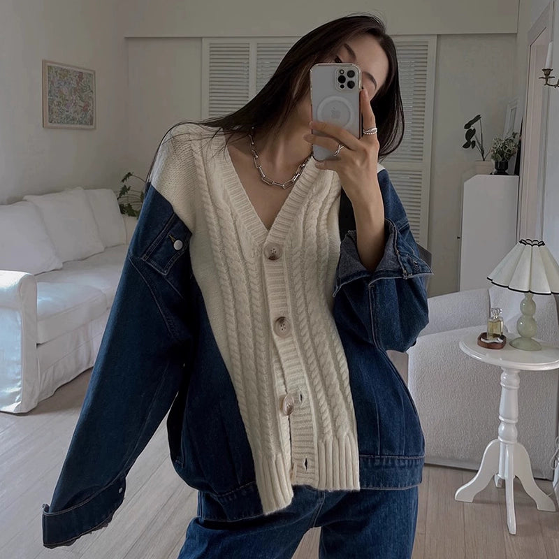 デニムニットカーディガン|ミックスのレイヤード風デザイン(HU930)