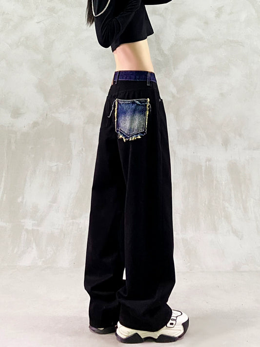 バイカラーウエストデザインブラックデニム(HU006-b)