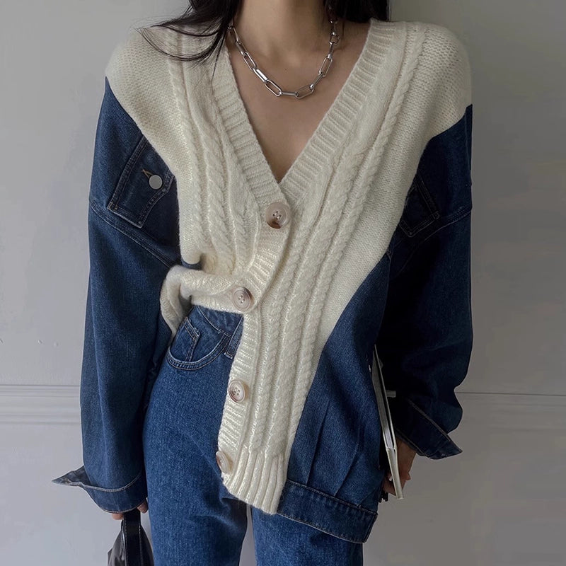 デニムニットカーディガン｜ミックスのレイヤード風デザイン（HU930）