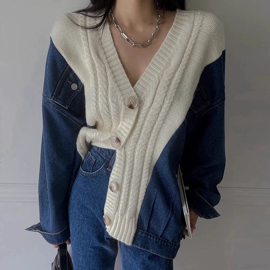デニムニットカーディガン｜ミックスのレイヤード風デザイン（HU930）