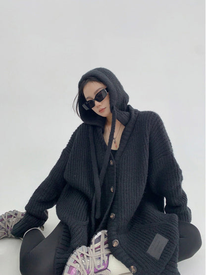 重工粗編み 加厚 フード付き ニットカーディガン（AVN071）