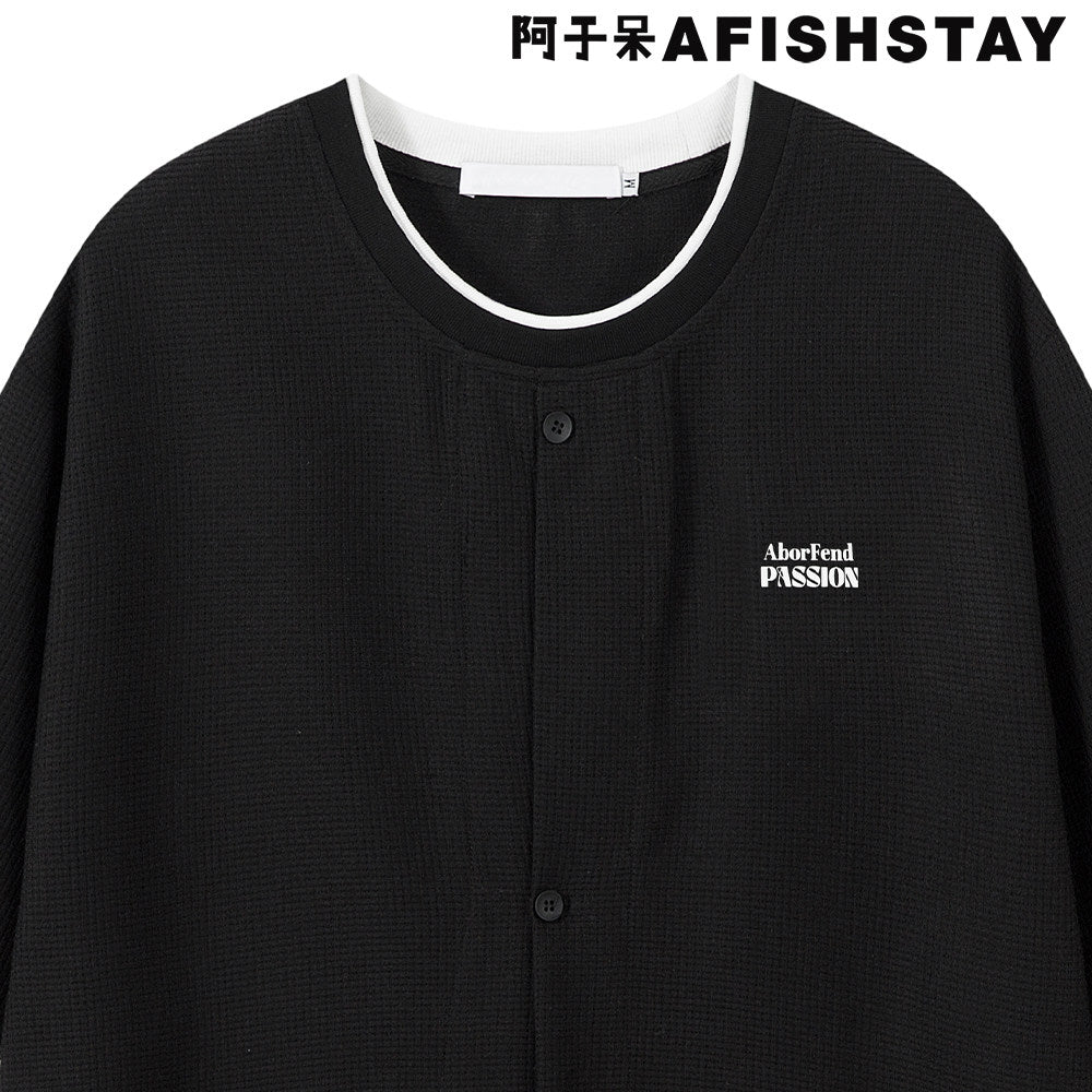 日系ワッフル生地レイヤード風刺繍Tシャツ（CZ406）