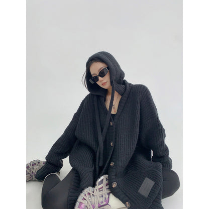 重工粗編み 加厚 フード付き ニットカーディガン（AVN071）
