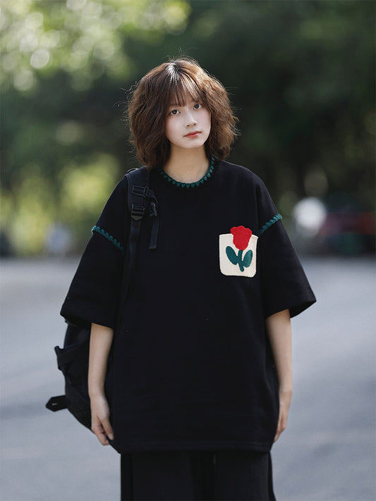 日系レトロ花柄パッチポケット半袖Tシャツ（CZ405）