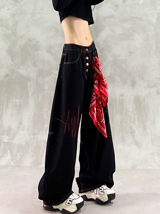 ステッチデザインレッドバンダナ付きワイドデニム(CZ328)