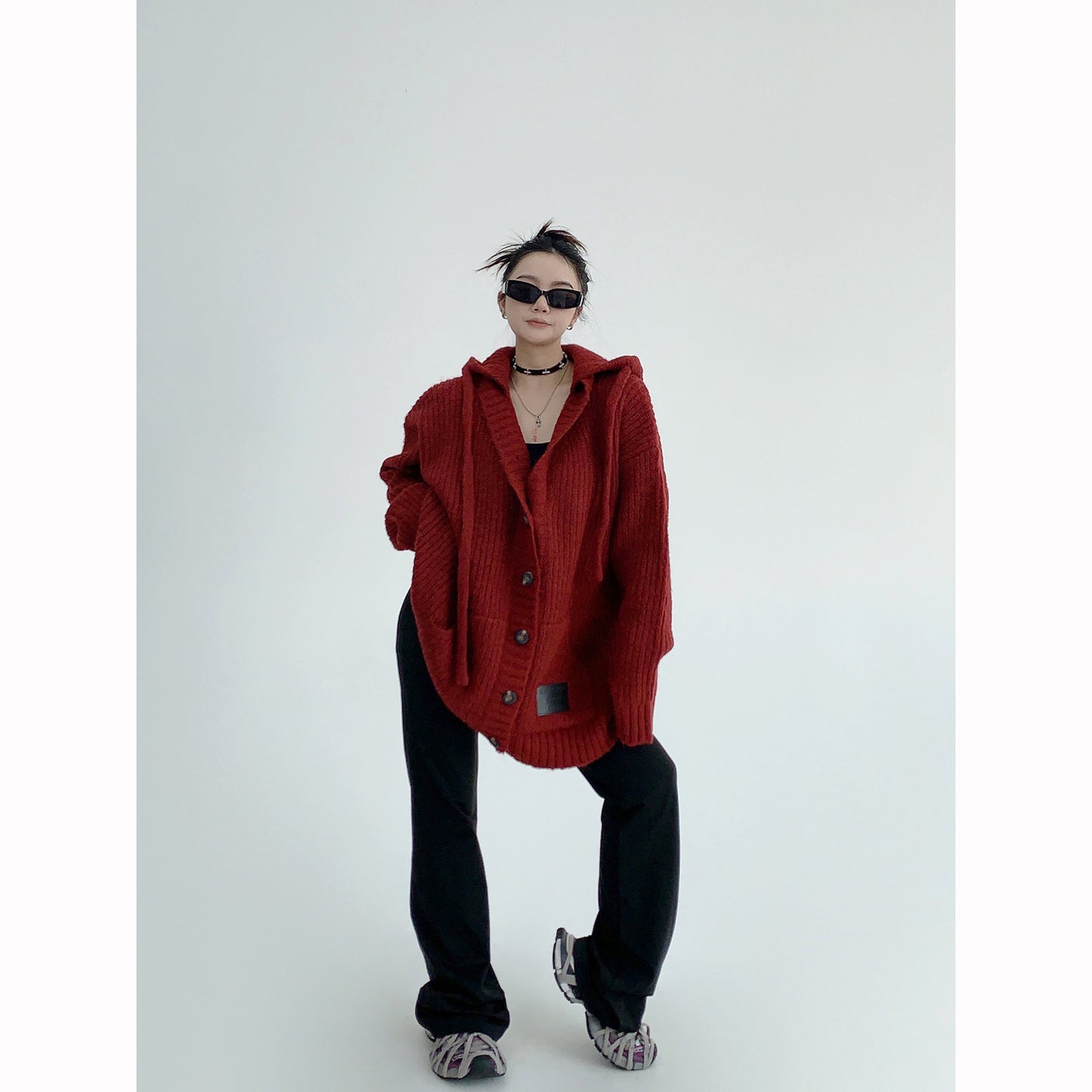 重工粗編み 加厚 フード付き ニットカーディガン（AVN071）