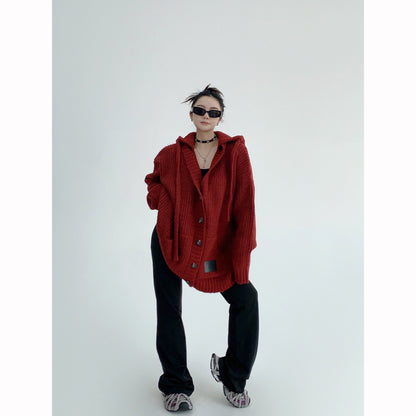 重工粗編み 加厚 フード付き ニットカーディガン（AVN071）