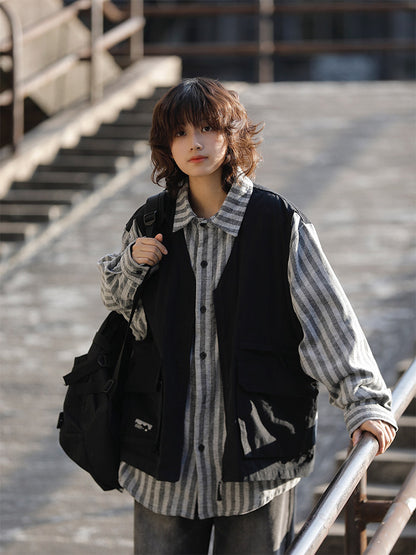 春秋日系ストライプ柄フェイクレイヤード・ワークベストシャツ（CZ404）