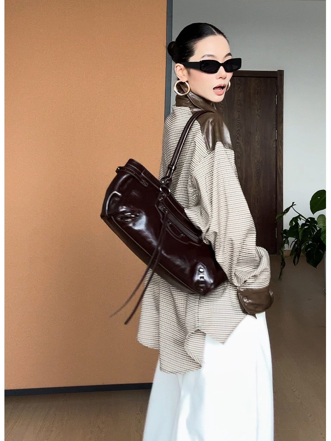 メラード配色×レザー切替 千鳥格チェック タイデザインシャツ（AVN026）