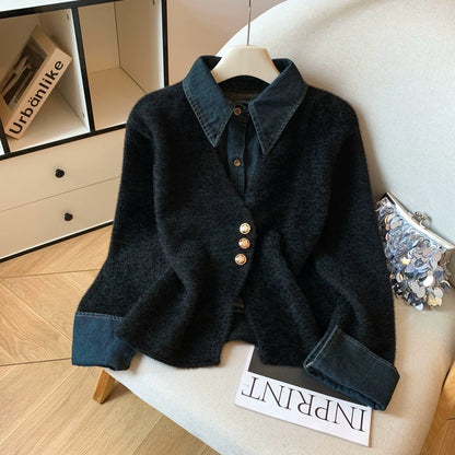 切り替えレイヤードニット｜デニム襟デザイン セーター（MF940）