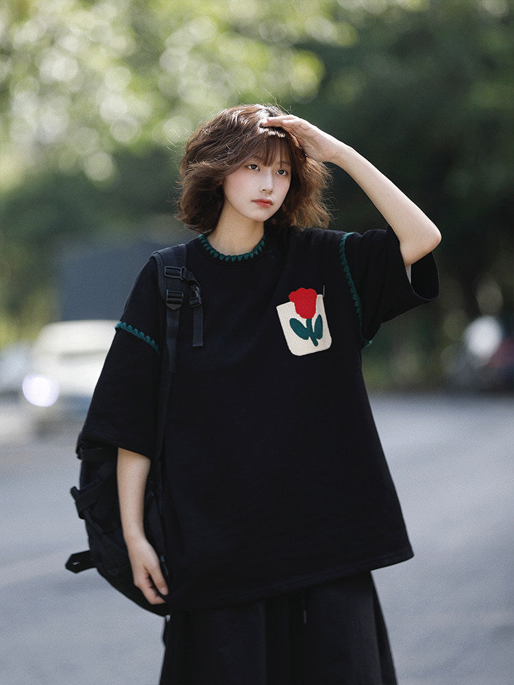 日系レトロ花柄パッチポケット半袖Tシャツ（CZ405）