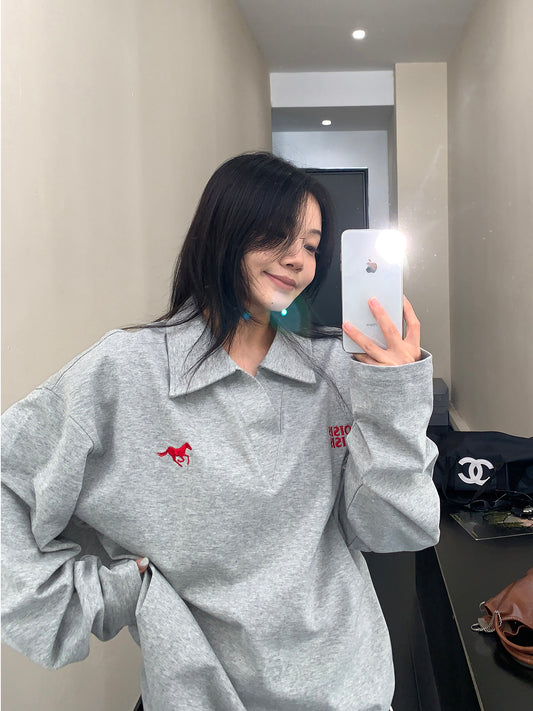 美式Vネック 刺繍入り コットン長袖Tシャツ（オーバーサイズ）（AVN072）