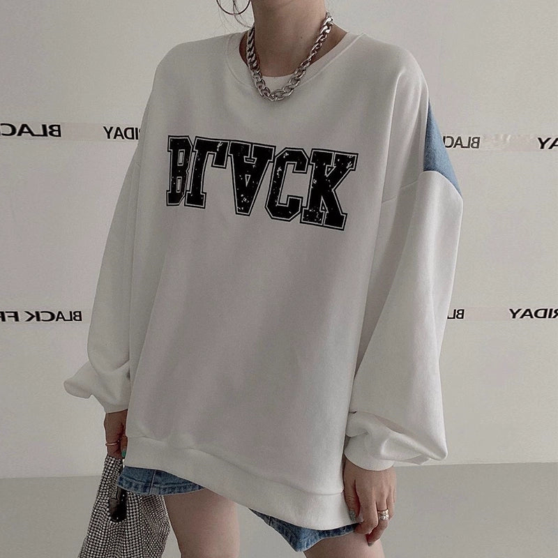 デニム切替ロゴスウェット｜オーバーサイズトレーナー（HU071）