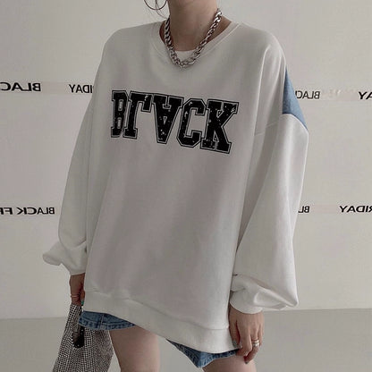 デニム切替ロゴスウェット｜オーバーサイズトレーナー（HU071）