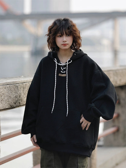 日系ワッフル華夫格 加厚レースアップフーディー（HY028））