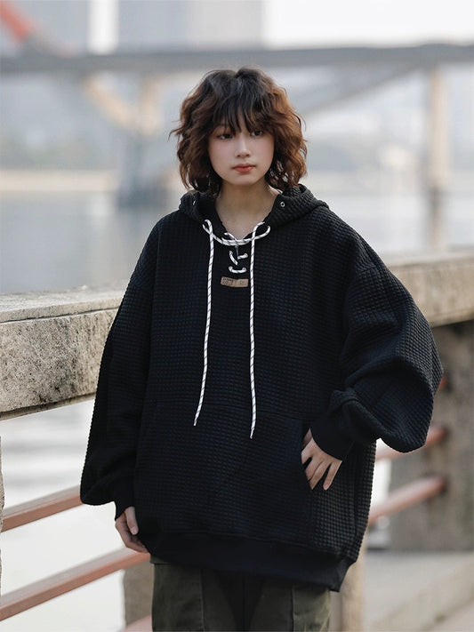 日系ワッフル華夫格 加厚レースアップフーディー（HY028））