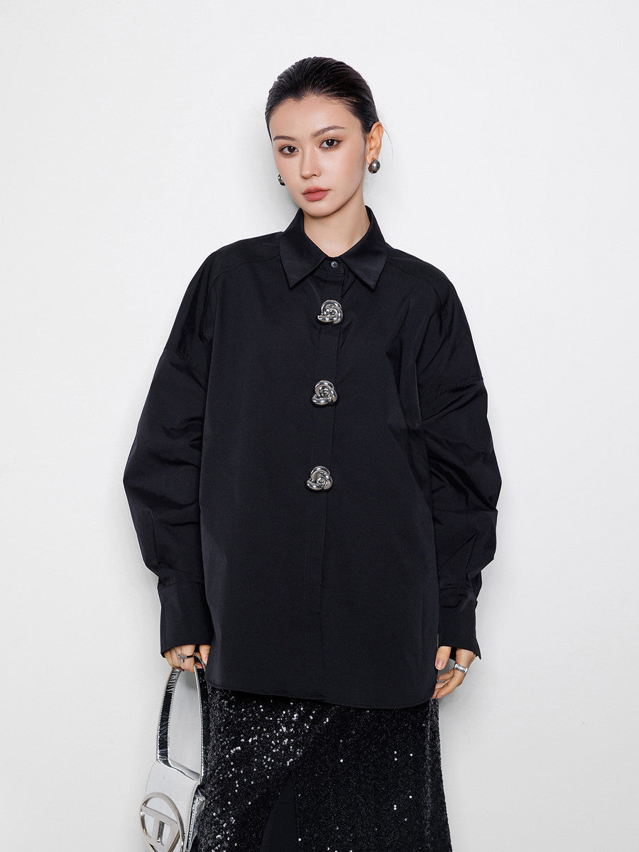 金属大ボタン 蝙蝠袖 オーバーサイズ 白シャツ（AVN030）