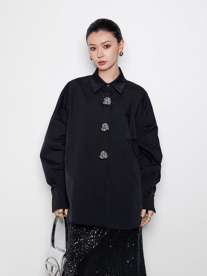 金属大ボタン 蝙蝠袖 オーバーサイズ 白シャツ（AVN030）