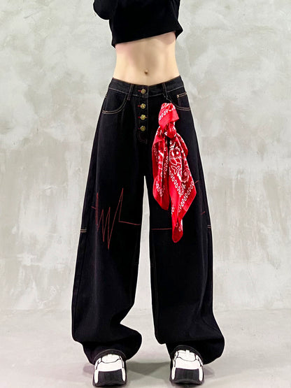 ステッチデザインレッドバンダナ付きワイドデニム(CZ328)