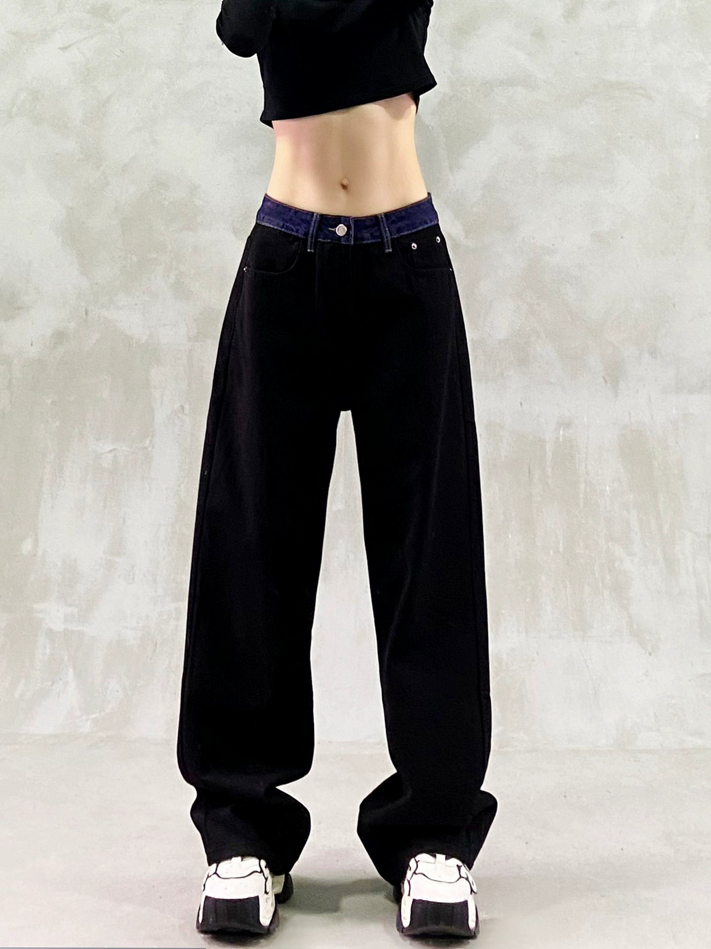 バイカラーウエストデザインブラックデニム(HU006-b)