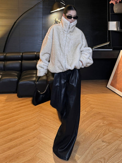 ムートン調皮毛一体 破裂麂皮風 ドローストリング ボアブルゾン（AVN077）