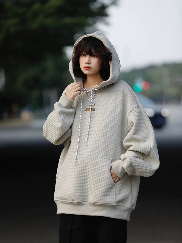 日系ワッフル華夫格 加厚レースアップフーディー（HY028））