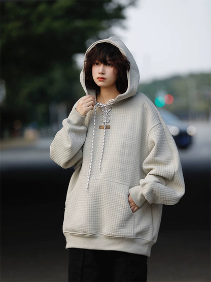 日系ワッフル華夫格 加厚レースアップフーディー（HY028））