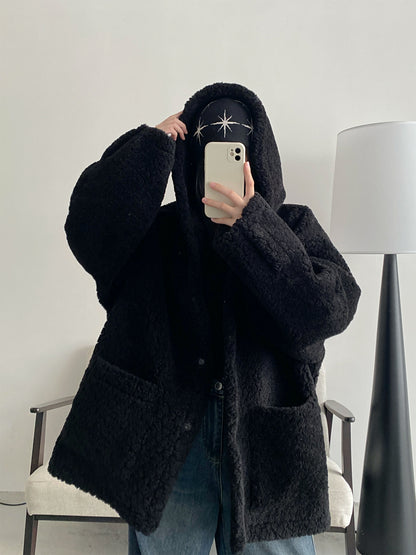 白色 連帽 エコファー 皮毛一体 加厚 フード付きコート（AVN041）