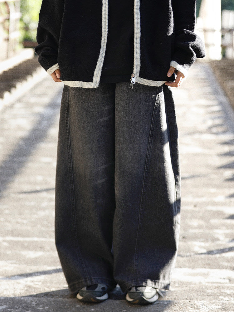 阿于呆 美式ヴィンテージウォッシュ弯刀ワイドデニムパンツ（CZ400）