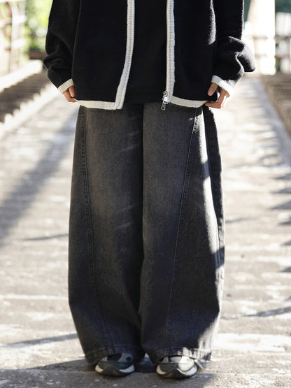 阿于呆 美式ヴィンテージウォッシュ弯刀ワイドデニムパンツ（CZ400）