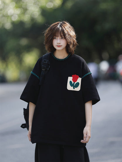 日系レトロ花柄パッチポケット半袖Tシャツ（CZ405）