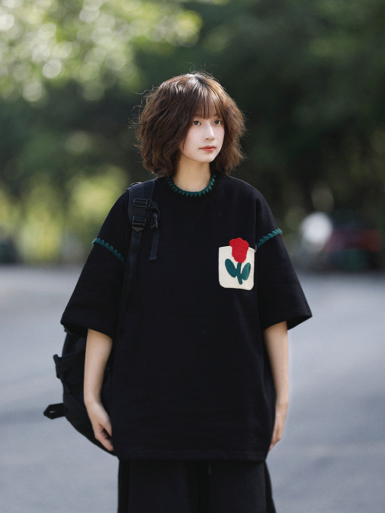 日系レトロ花柄パッチポケット半袖Tシャツ（CZ405）