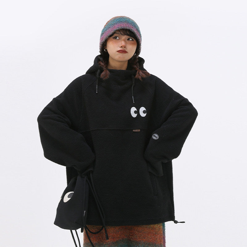 ワイドシルエット フリース裏起毛フーディ（ブラック）（AVN056）