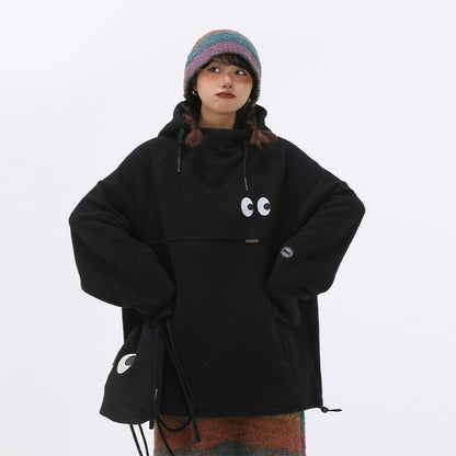 ワイドシルエット フリース裏起毛フーディ（ブラック）（AVN056）