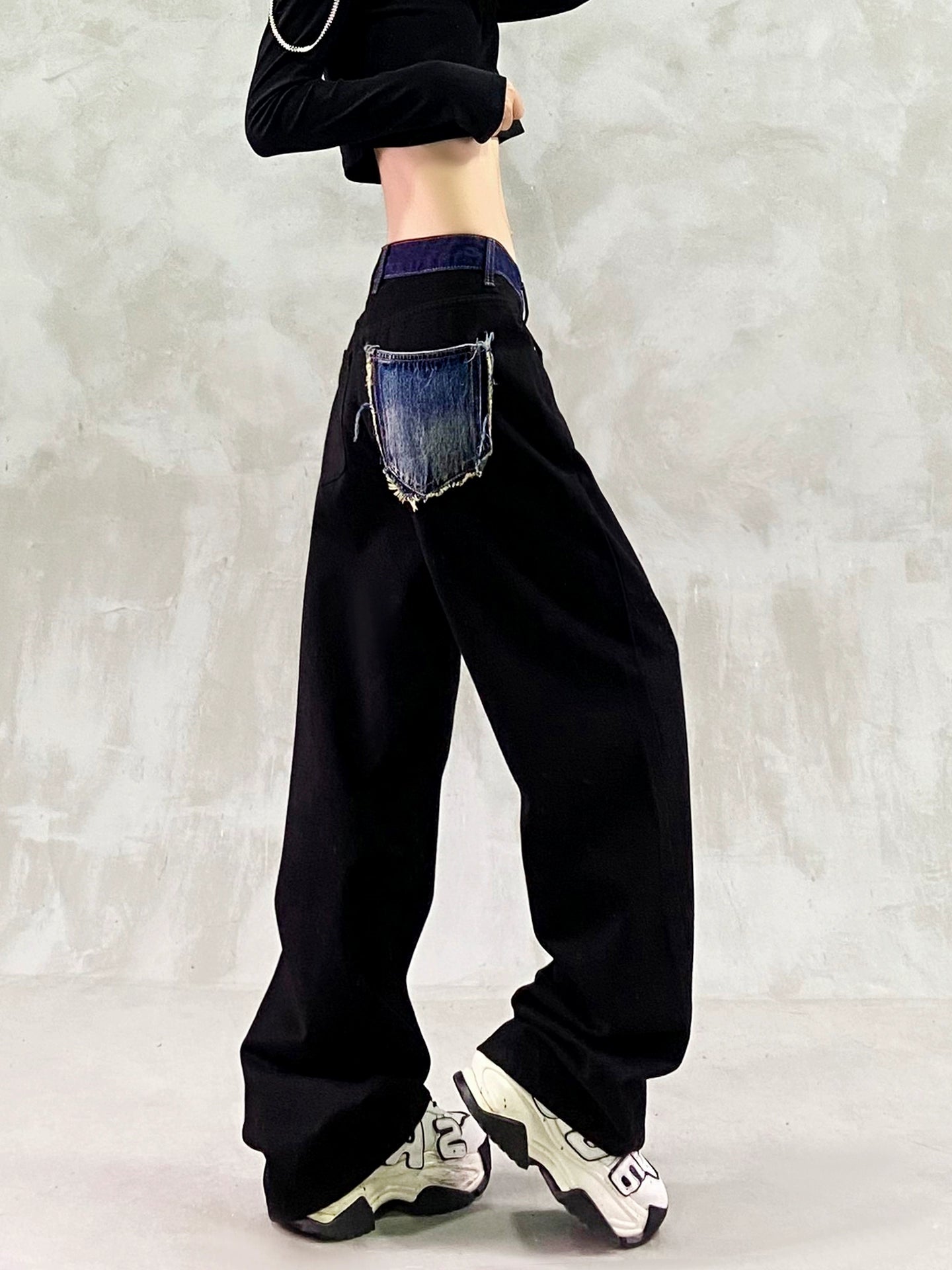 バイカラーウエストデザインブラックデニム(HU006-b)