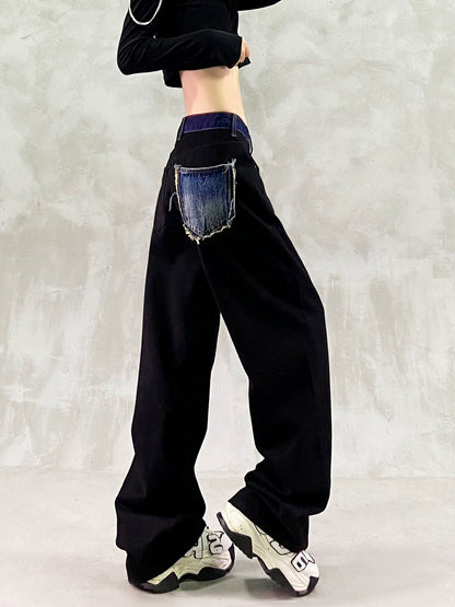 バイカラーウエストデザインブラックデニム(HU006-b)