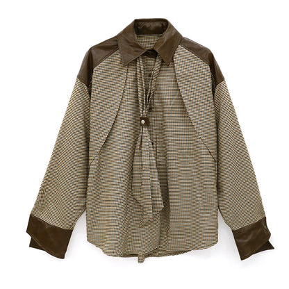 メラード配色×レザー切替 千鳥格チェック タイデザインシャツ（AVN026）