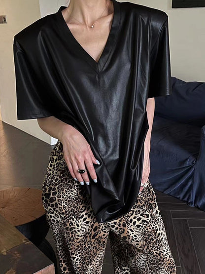 MVネック垂れ艶ショルダーパッド半袖Tシャツ（AVN020）