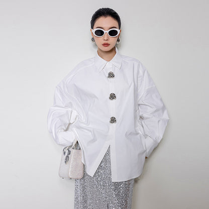金属大ボタン 蝙蝠袖 オーバーサイズ 白シャツ（AVN030）