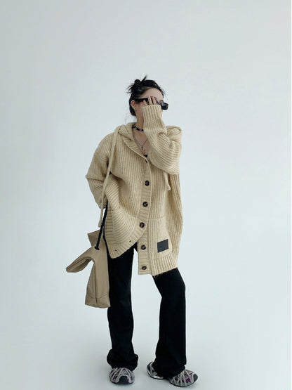 重工粗編み 加厚 フード付き ニットカーディガン（AVN071）