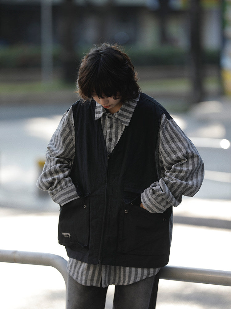 春秋日系ストライプ柄フェイクレイヤード・ワークベストシャツ（CZ404）