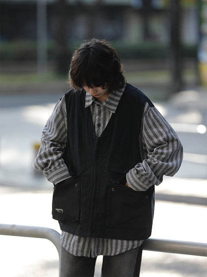 春秋日系ストライプ柄フェイクレイヤード・ワークベストシャツ（CZ404）