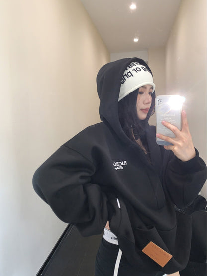 美式ヴィンテージ刺繍 Vネック裏起毛フーディ（oversize）（AVN049）