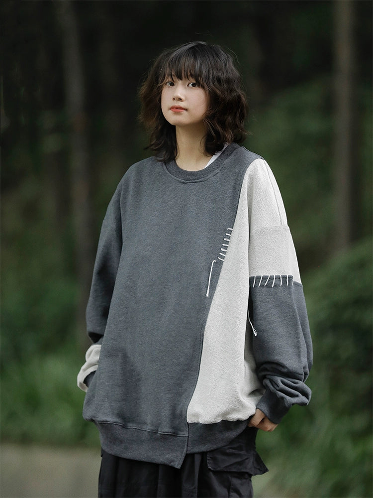 バイカラー配色スウェット｜左右非対称デザイン（HU111）